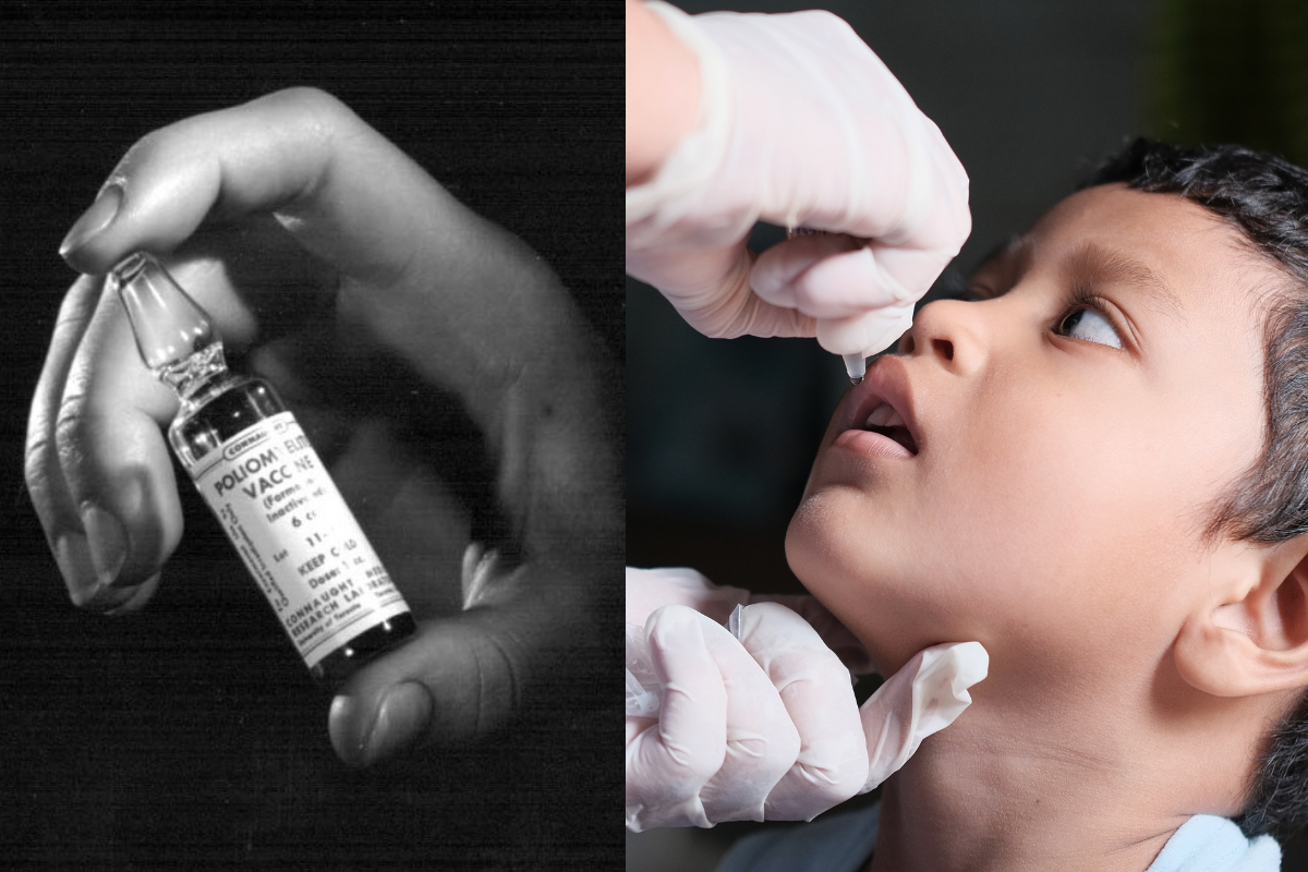 Two images side by side. On the left, a black and white photo of a hand holding an old vaccine vial. On the right, a child tilts their head back as someone wearing gloves puts a drop of oral vaccine into their mouth.
