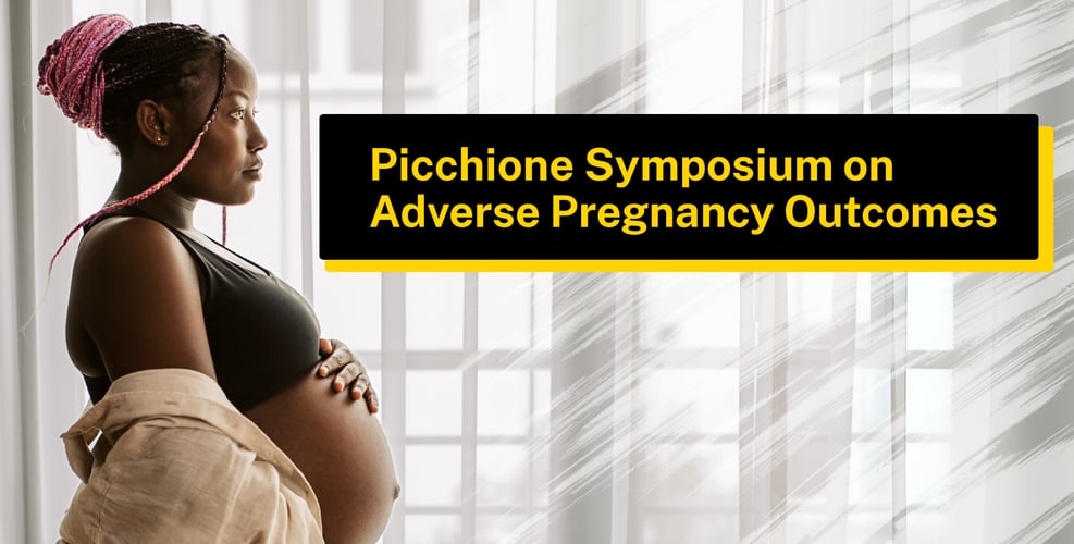 A young Black woman with long braids tied up in a bun stands contemplatively by a window, her hand resting on her pregnant belly. Text reads "Picchione Symposium on Adverse Pregnancy Outcomes."